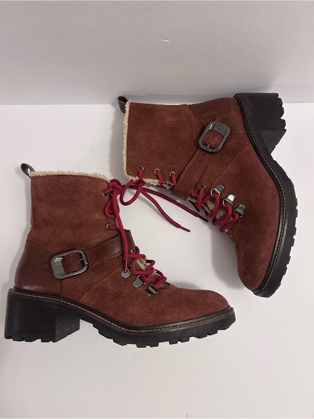 Vince Camuto Brown Suede and Leather Lace-Up Ankle Boots with Fur Trim